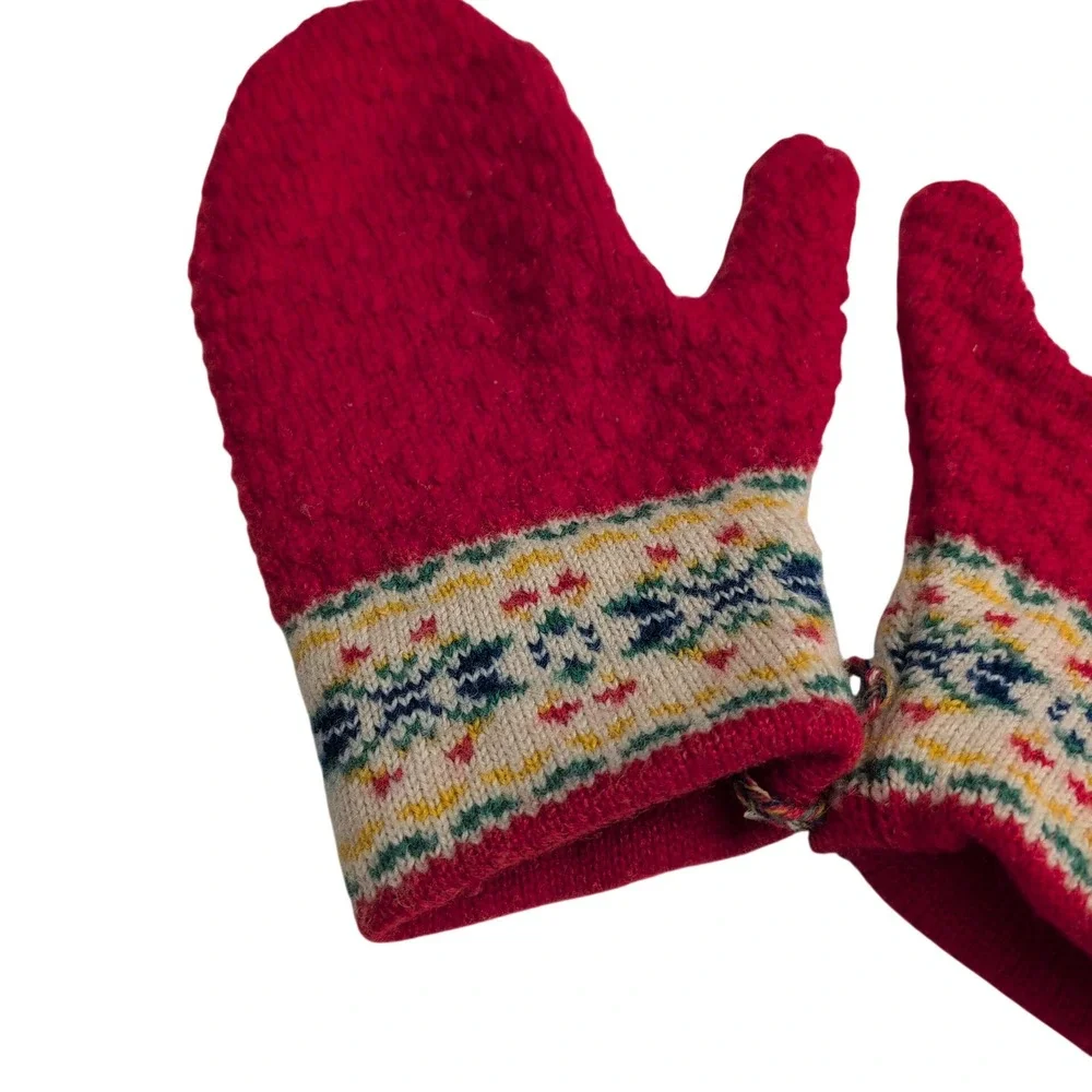 Handmade Red Wool Mittens‎ Fair Isle Patterned Cuff Nordic Winter Gloves Norway